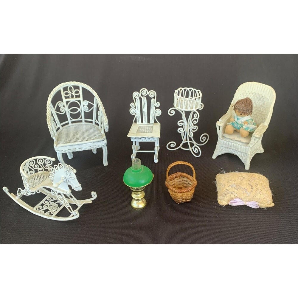 Lot White Metal Doll House Furniture Rocking Horse Chairs Plant Holder Lamp